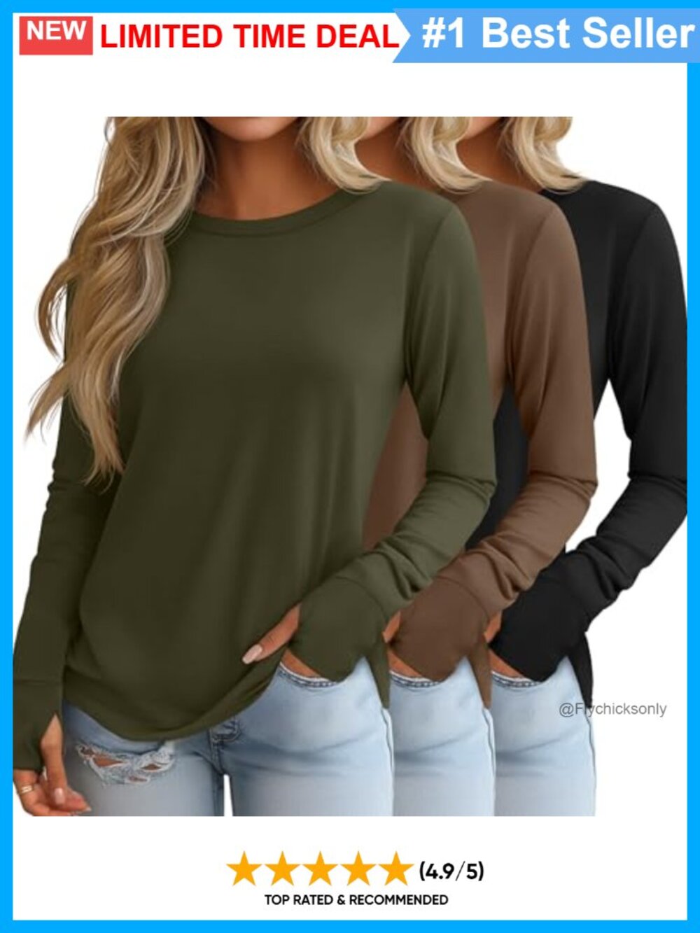 3 Pack Womens Cotton Long Sleeve Crew Neck Tunic Tops